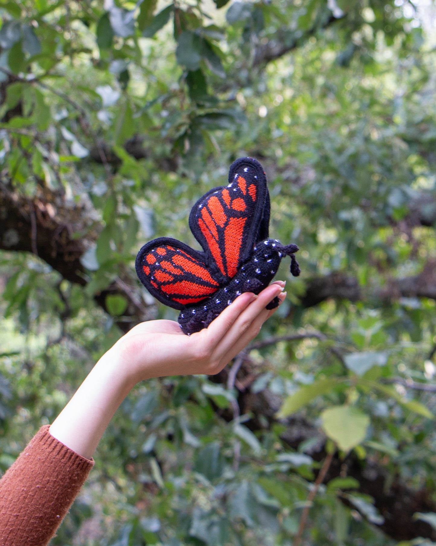 Mariposa monarca de peluche en mano