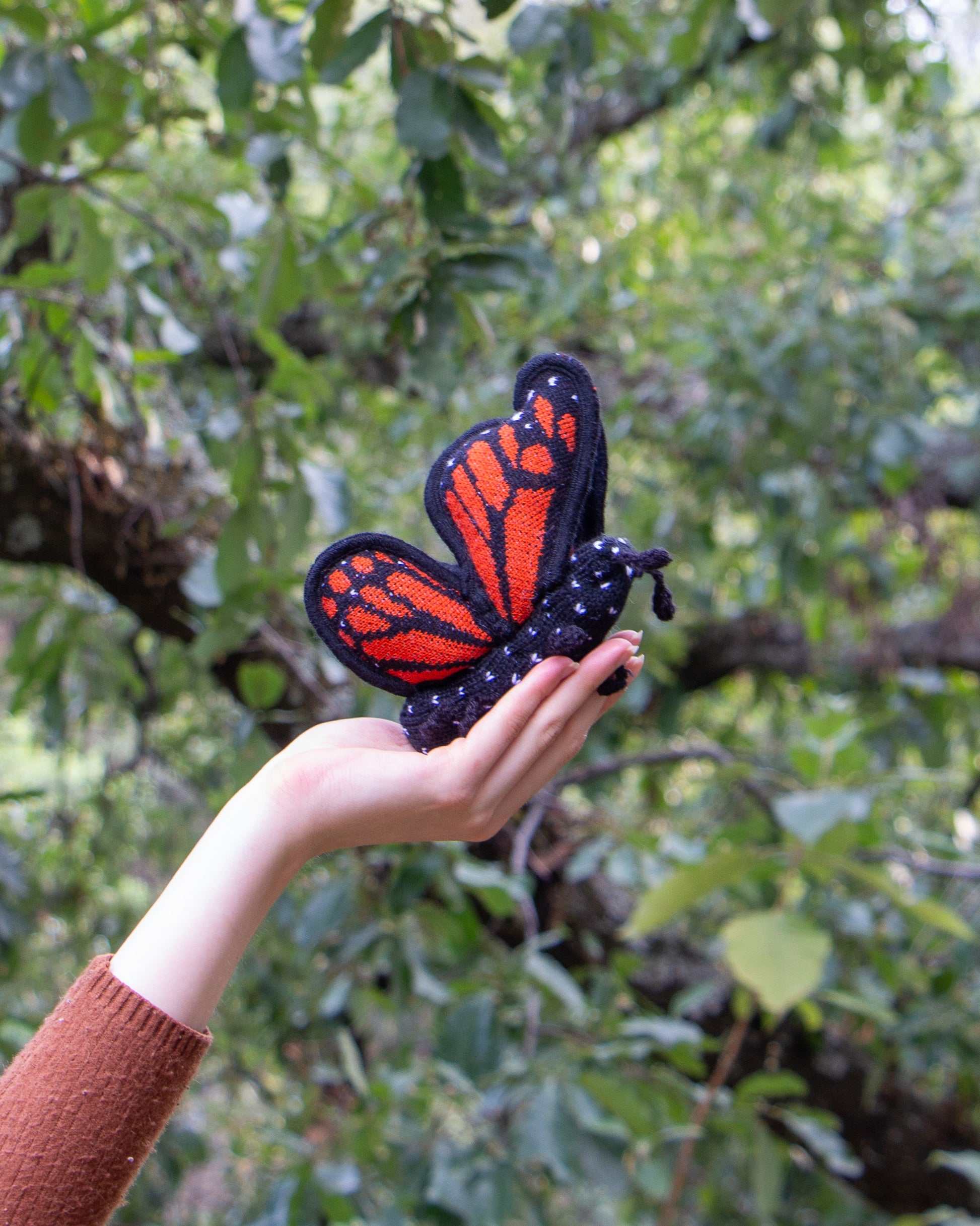 Mariposa monarca de peluche en mano